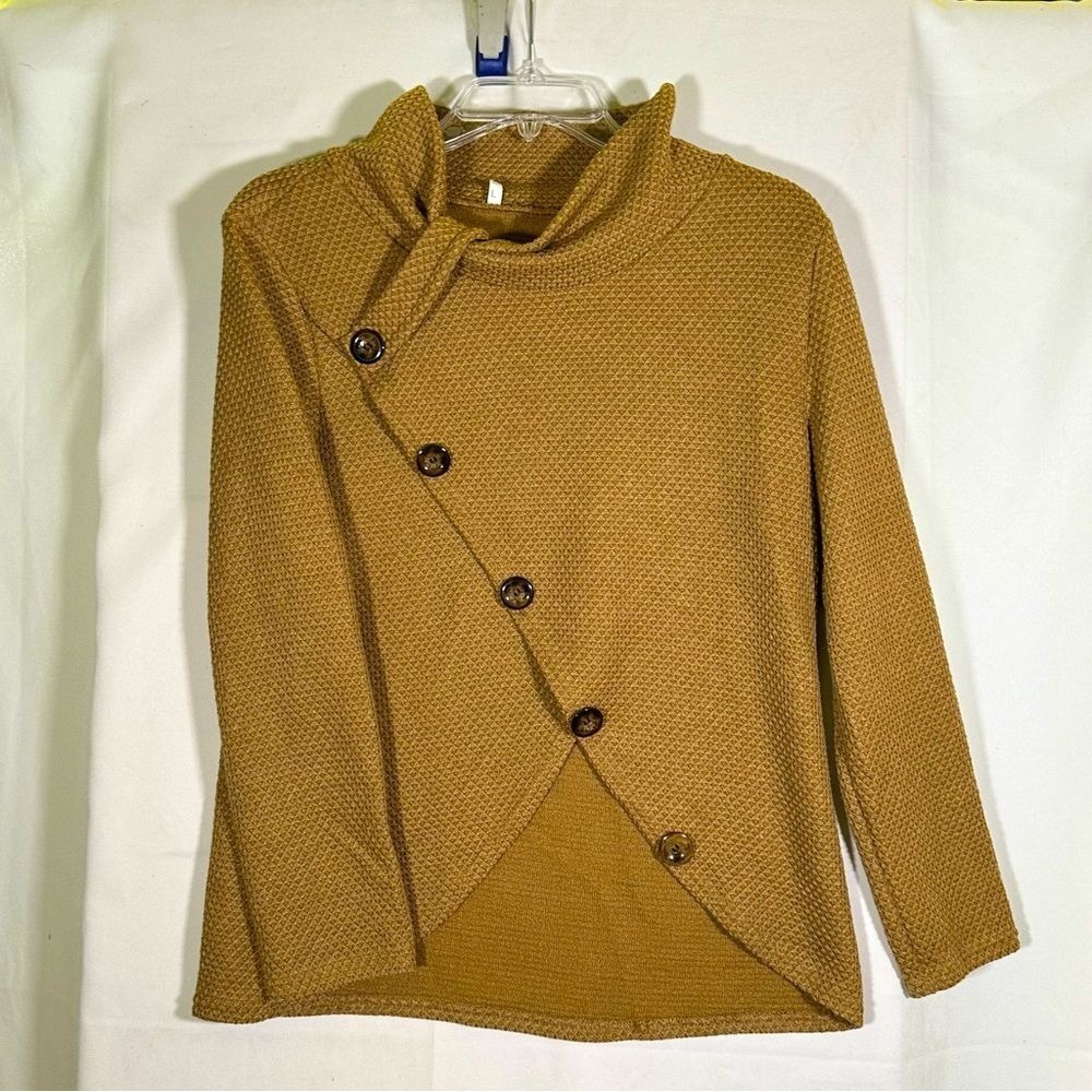 Waffle Tan Camel Sweater Mock Button Detail Fall Winter Women's Large